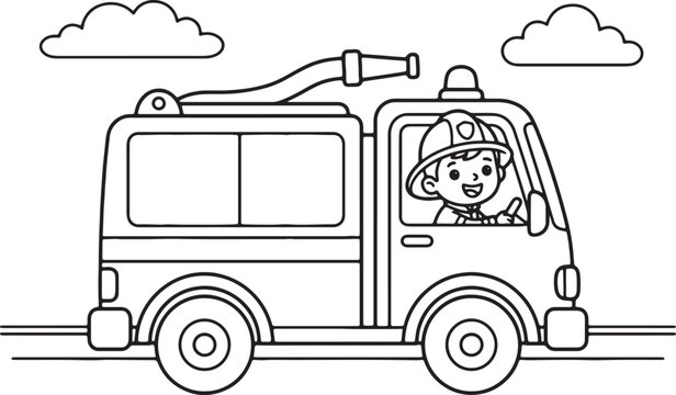Happy cartoon girl waving from vintage delivery truck