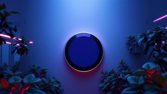 Dark room features circular device mounted wall. Plants surround it, illuminated by neon lights. Modern, minimalist aesthetic prevails.