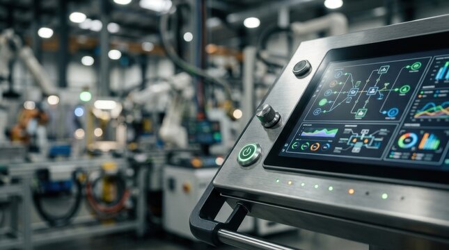 Close up of digital control panel with futuristic interface for industrial machine operation.