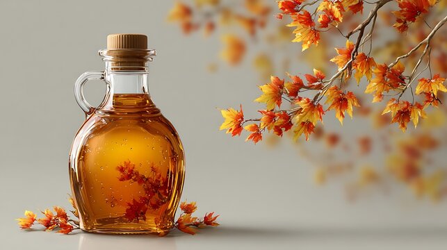 Glass bottle filled with golden amber liquid and autumn maple leaves. 3D render. decorated with fa