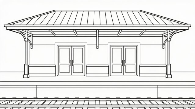 Architectural facade elevation sketch of a small railway station building with double doors line drawing train depot architecture plan vintage station blueprint
