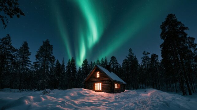 Cozy wooden cabin in snowy forest illuminated by warm indoor light under vibrant green northern lights with dark night sky and tall pine trees winter landscape scene