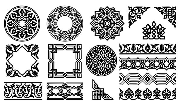 Traditional Tatar Turkic Ornament Vector Collection, Ethnic Frames Rings and Geometric Borders