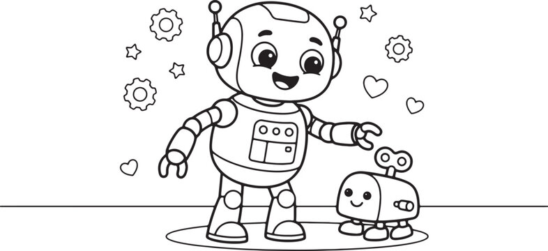 Happy cartoon robot holding a tablet with a small robot technology