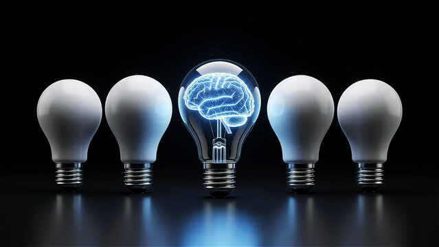 AI Brain Light Bulb Among Ordinary Bulbs Technology Concept