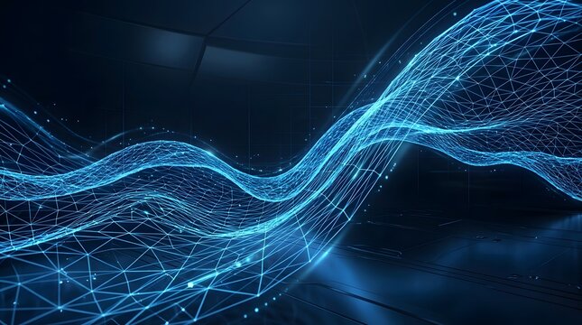 Futuristic blue digital wave and particle network data background