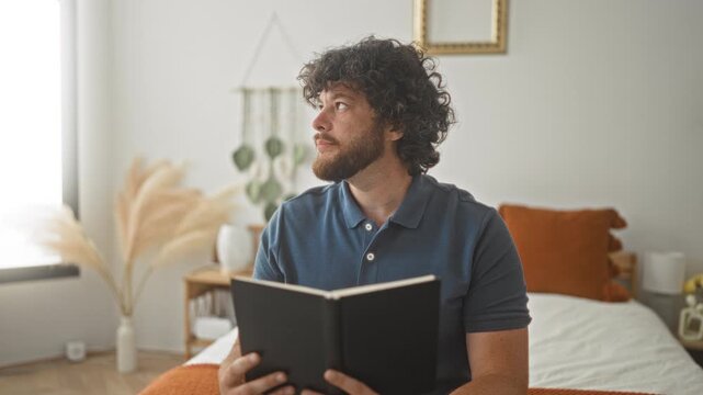 Man reading a black hardcover book on a bedroom bed, sitting upright and holding pages with both hands, visible beard and curly hair; calm focus.