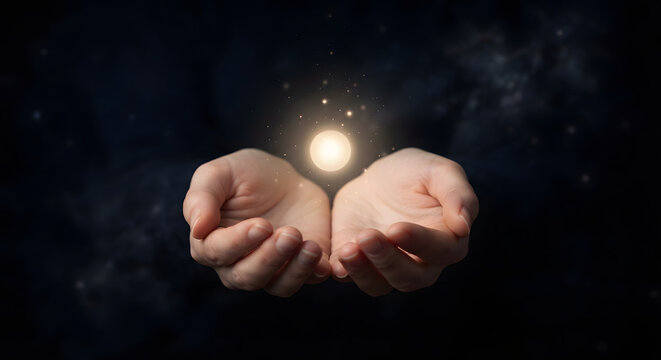 Hands holding a glowing sphere of light in darkness