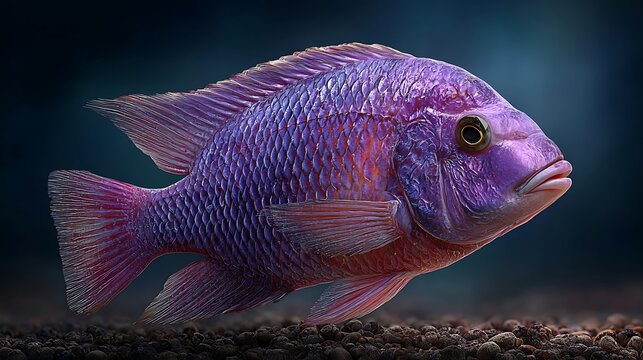 Vibrant purple fish with detailed scales swimming gracefully over a gravel seabed in dark blue wat