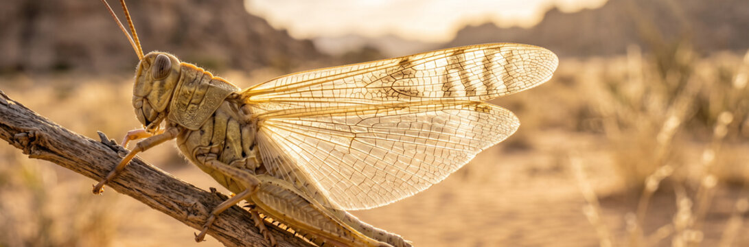 Close-up of a desert locust with backlit transparent wings