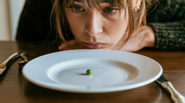Young woman looking with disappointment and boredom at a single green pea on empty white plate sitting on wooden table, symbolizing hunger and minimal food