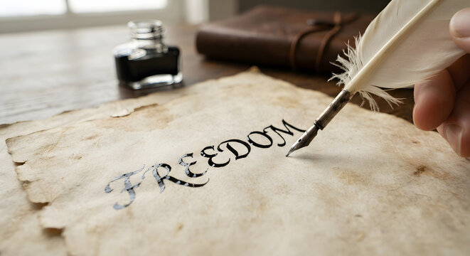 Hand writing the word freedom with a quill pen on vintage parchment paper