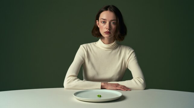 Thoughtful woman with short brown hair wearing beige long sleeve sitting at white round table looking at single green pea on empty plate against dark green backdrop