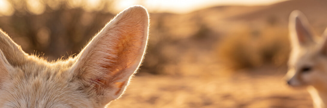 Close-up of a fennec fox ear backlit by the desert sun
