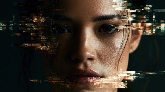 Close-up portrait of a young woman with digital glitch effect on face symbolizing technology influence and modern digital identity concept in dark background