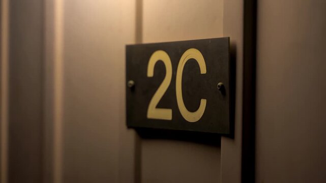 Close-up cinematic footage of 2c room number on hotel door, dynamic shot of illuminated room number.