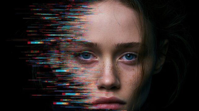 Portrait of a young woman with blue eyes and freckles digitally distorted with glitch effect on half of the face in dark background, futuristic technology concept