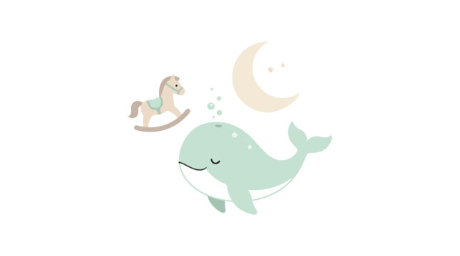 A cute vector illustration featuring a sleeping mint green whale, a wooden rocking horse, and a crescent moon.