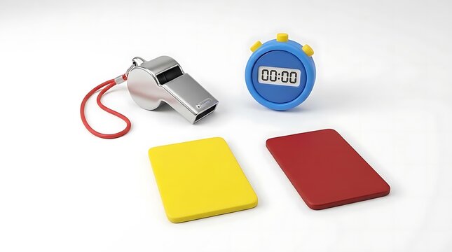 Sports referee whistle, stopwatch, and penalty cards set.