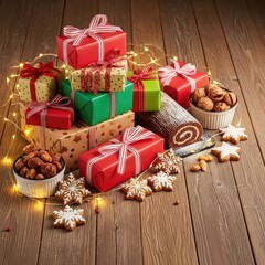Fototapeta premium A cozy festive holiday scene on a rustic wooden table featuring colorful wrapped presents, sweet treats, and sparkling warm golden lights, green, wrapping, celebration