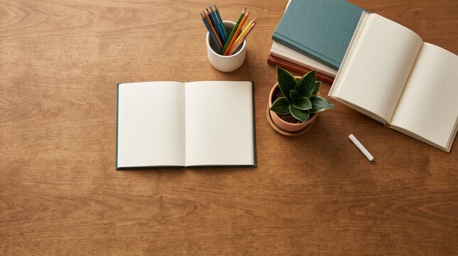 Open Notebook on Wooden Desk with School Supplies and Plant.
