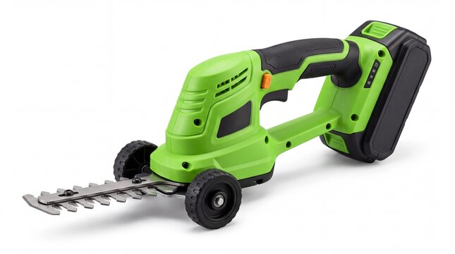 Cordless electric grass shear tool with bright green plastic casing and sharp metal blade isolated studio shot on white background