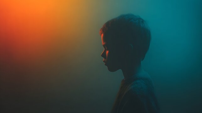 Profile Silhouette of a Young Boy with Dramatic Orange and Teal Lighting on a Dark Gradient Backgr