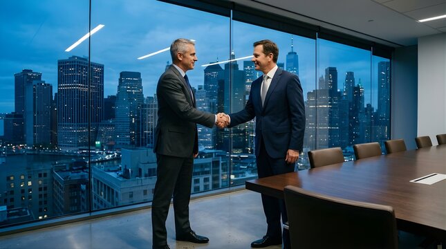 Two businessmen shaking hands in a modern office with city skyline view