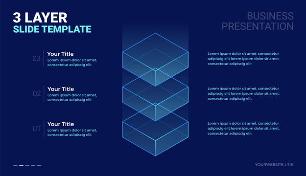 Three layer platform architecture slide template - futuristic tech infographic diagram with space for text - dark blue modern business technology slide for corporate presentations