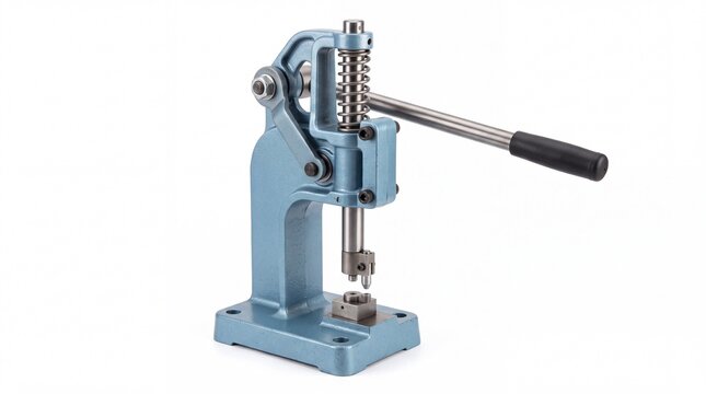 Industrial metal arbor press tool featuring blue cast iron body and stainless steel handle mechanism captured clearly on white background