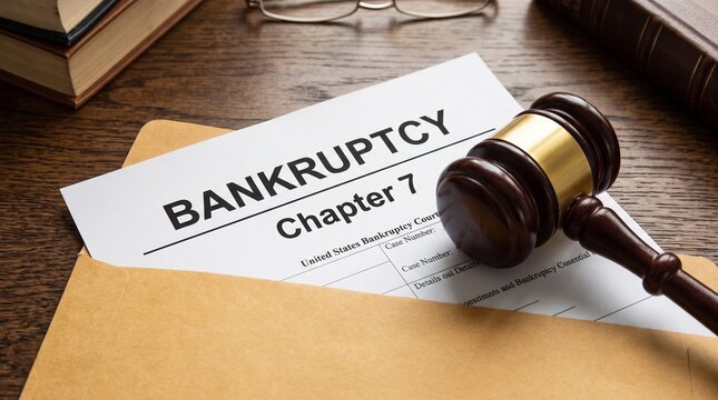 Bankruptcy Chapter 7 legal document on envelope with wooden judge gavel on desk
