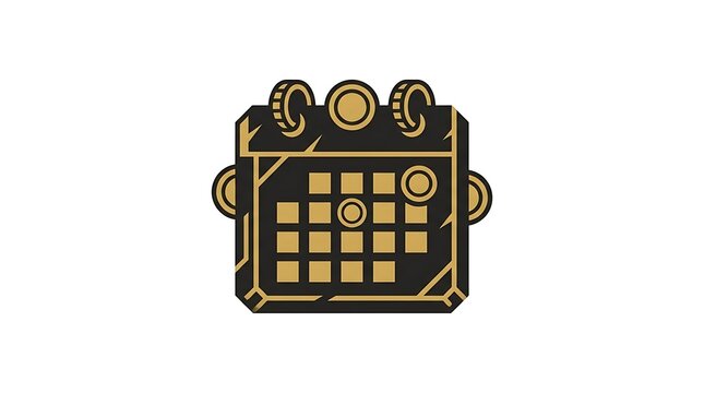 Stylized mechanical steampunk calendar icon.