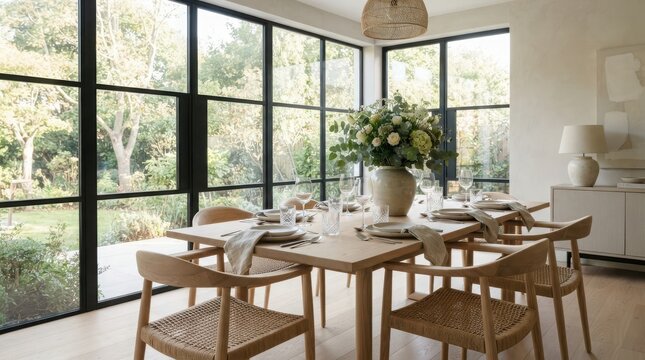 Modern dining room with wooden table and chairs in a bright home interior with large windows overlooking a green garden view