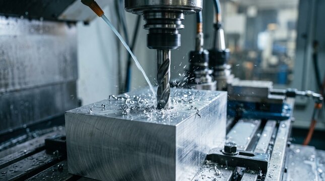 Industrial drilling process of a metal block in a machining center