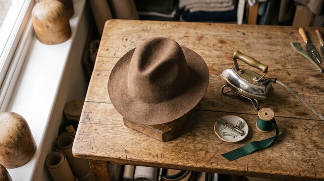 A vintage brown felt hat resting on a wooden table in a traditional millinery