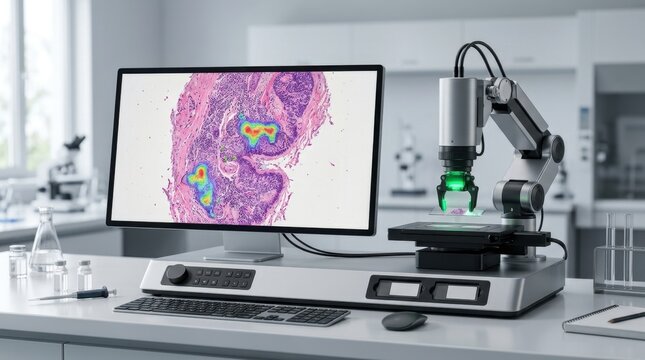 Digital microscope system with robotic arm analyzes tissue sample for research and diagnostics.