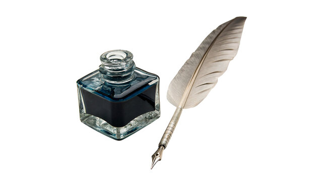 Classic clear glass inkwell bottle with calligraphy feather quill pen isolated on white background