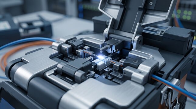 Industrial fiber optic fusion splicer working on telecommunications cables
