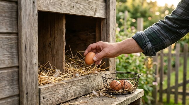 Farmer reaching into a rustic wooden chicken coop to collect fresh speckled brown eggs from a pile of straw and placing them into a small wire basket in a sunny garden farm environment