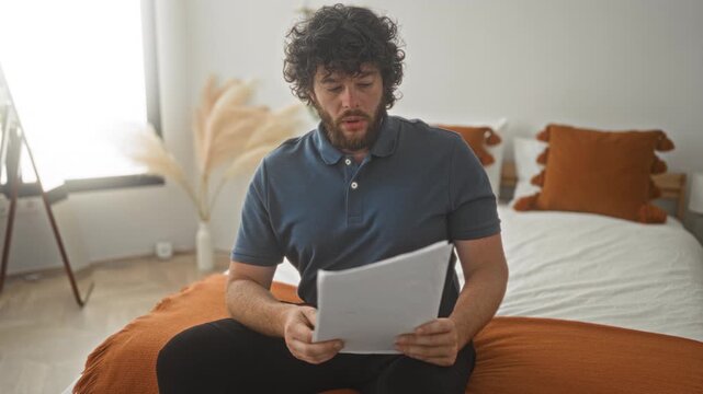 Man holding a red smartphone and reading printed documents while seated on a bed in a bedroom with orange pillows and pampas grass; bills concern.