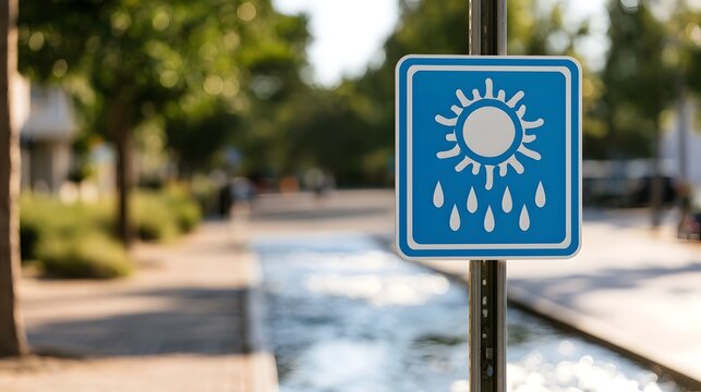 A blue square sign with sun and raindrops symbol stands near a canal in a park with trees and pathways
