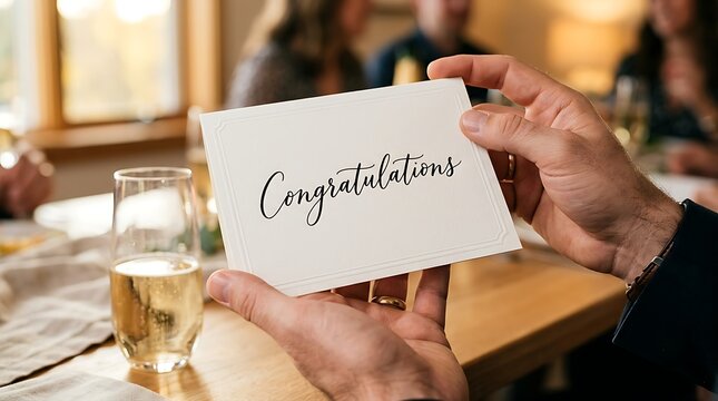 Person holding elegant congratulations card with calligraphic text at dinner table with champagne glass for celebration or event announcement in warm ambient setting at dining restaurant