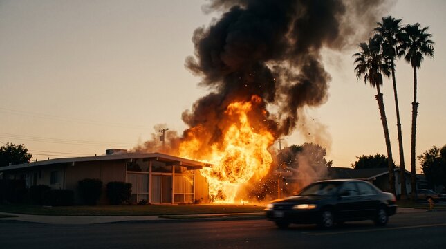 House Engulfed in Flames and Smoke Beside Passing Car
