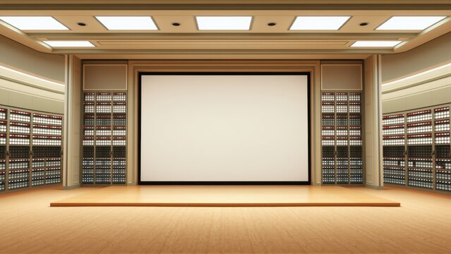 Empty auditorium. Large screen dominates front. Server racks line walls. Warm lighting creates modern space. Minimalist design.