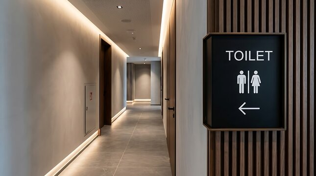 Modern Hotel Corridor with Illuminated Walls and Toilet Signage.