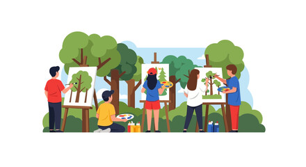 Fototapeta premium Group of people painting on easels in an outdoor forest art class