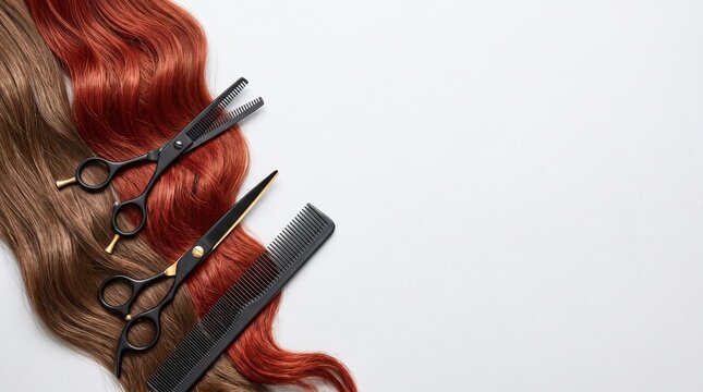 Hairdressing scissors and professional comb on wavy brunette and red hair
