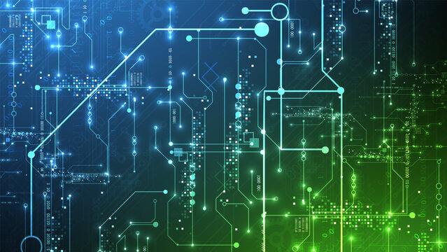 Abstract vector background of digital circuit board with glowing lines and binary code