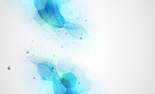 Abstract technology background with blue wireframe wave and  hexagons. Vector