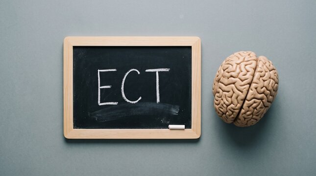 Electroconvulsive therapy concept with a human brain model and a chalkboard